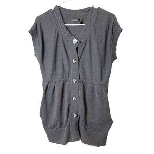 Daisy Fuentes Sweater Mini Dress Cap Sleeve Cardigan Style Gray Button Front